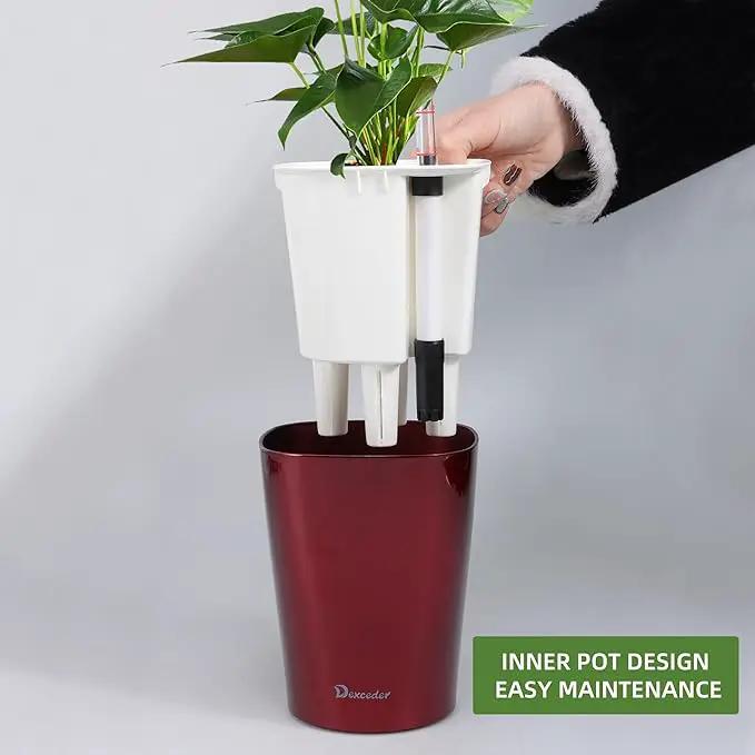 Dexceder 6x7 Self Watering Planter Indoor Outdoor, High Gloss Table Flower Plant Pot with Water Level Indicator (Wine Red) by GreenHaven Gardens