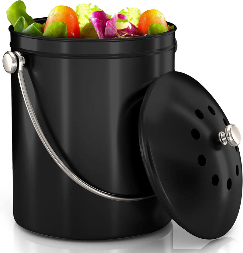 Utopia Kitchen Compost Bin for Kitchen Countertop, 1 Gallon Compost Bucket for Kitchen with Lid, Includes 1 Spare Charcoal Filter (Black) by GreenHaven Gardens