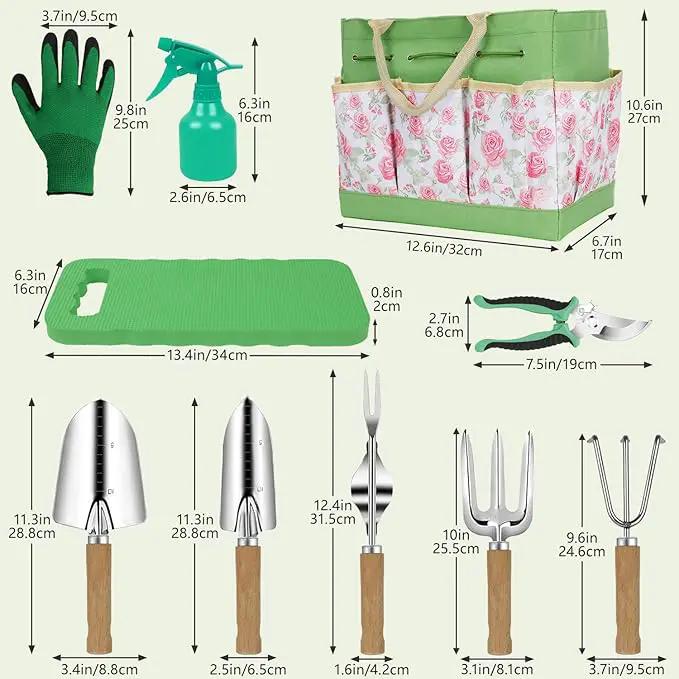 Garden Tool Set,10 Piece Garden Kit,Heavy Duty Stainless Steel Gardening Hand Tools with Durable Storage Tote,Rust-Proof Garden Tools,Gardening Gifts for Women Men Pink Floral Pattern Design by GreenHaven Gardens
