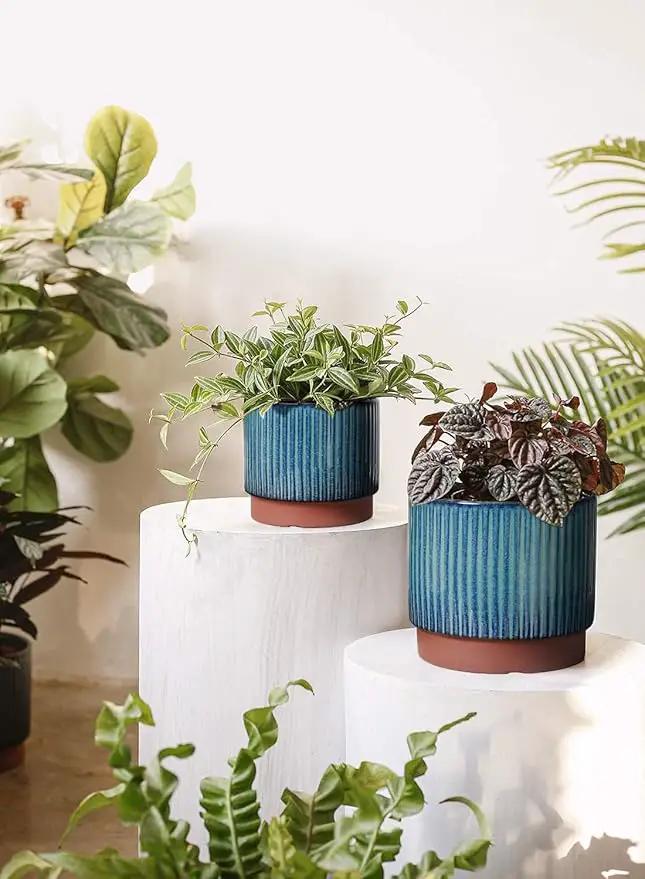 LE TAUCI Ceramic Plant Pots with Drainage Holes, Set of 3, 8+6.7+5.5 Inch Stripe Garden Planter Pots for Outdoor Indoor Plants Flower, Round Succulent Orchid Flower Pot, Reactive Glaze Green by GreenHaven Gardens
