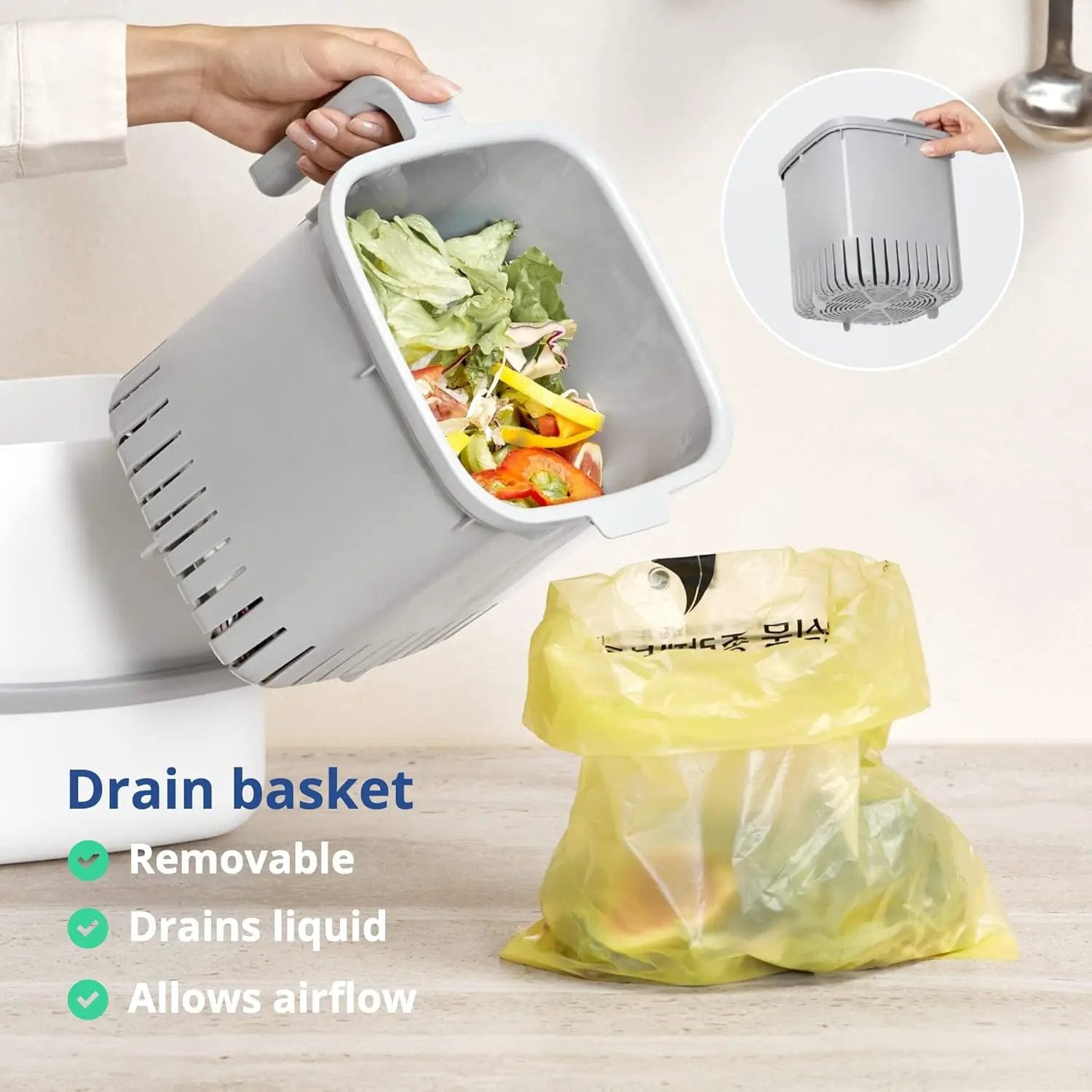 BLUE GINKGO Kitchen Compost Bin [5L / 1.32 GAL] – Filter-Free, Odor-Tight Countertop Food Waste Pail with Handles (Made in Korea, White) by GreenHaven Gardens