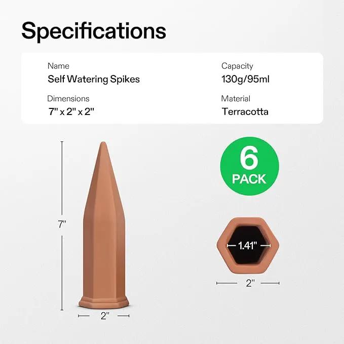 VIVOSUN 6-Pack Self-Watering Spikes, Hexagonal Terracotta Watering Stakes, Auto-Water Device, Planter Insert for Indoor & Outdoor Potted Plants by GreenHaven Gardens