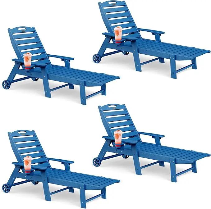 Lounge Chair Outdoor Set of 4 with Wheels, Adjustable 6-Position Chaise Lounge Outdoor, Patio Lounge Chair for Poolside Backyard, Navy Blue by GreenHaven Gardens