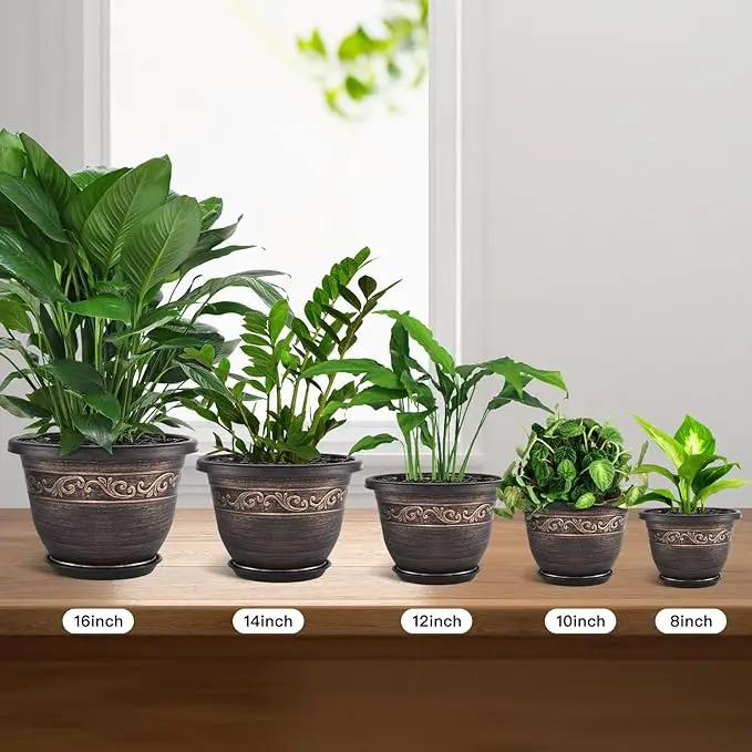 Plastic-Plant-Flower-Planters-14 Inch with Drainage Hole & Saucer, 3 Packs Lightweight Large Resin Flower Pot Indoor Outdoor, Retro Antique Imitation Decorative Garden Containers Sets for Houseplants by GreenHaven Gardens