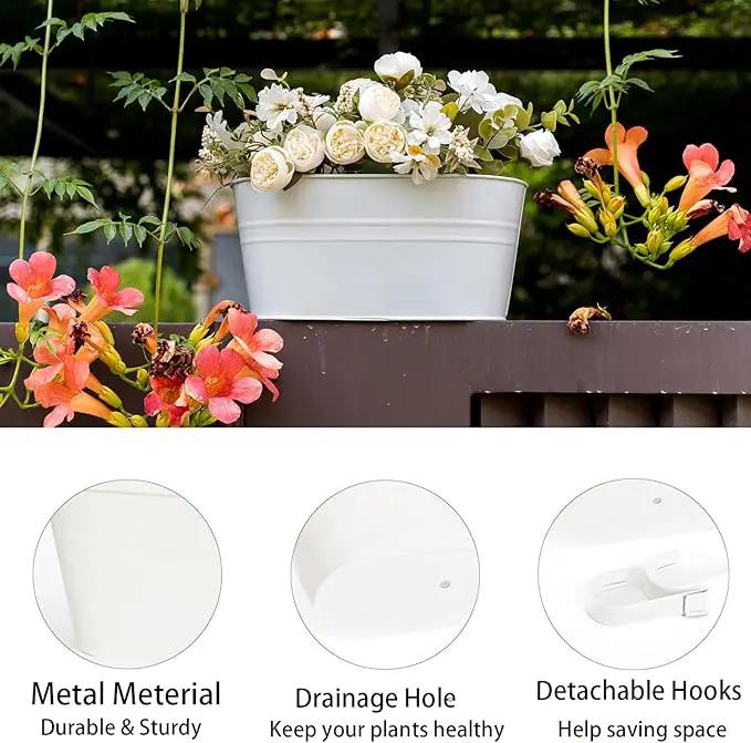 5 Pack Metal Hanging Flower Pots for Railing Fence，Outdoor Balcony Rail Planter with Garden Tools Detachable Hooks Drainage Holes for Deck Garden Home Decor White by GreenHaven Gardens