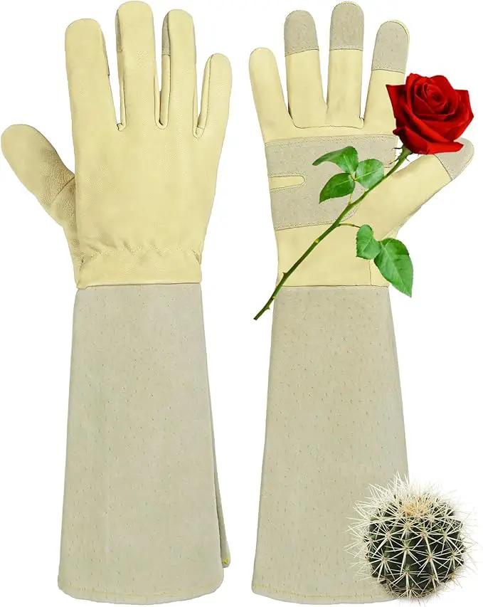 HANDLANDY Rose Pruning Gardening Gloves for Men Women, Thorn Proof Forearm Protection Leather Garden Gloves, Gardening Gifts for Gardeners (Beige- goatskin, Small (Pack of 1)) by GreenHaven Gardens