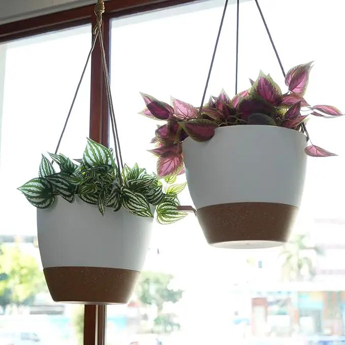 8 inch Hanging Planters, 2 Pack Self Watering Hanging Pots with 20oZ Deep Reservoir for Indoor Outdoor Plants Flowers, White with Brown by GreenHaven Gardens