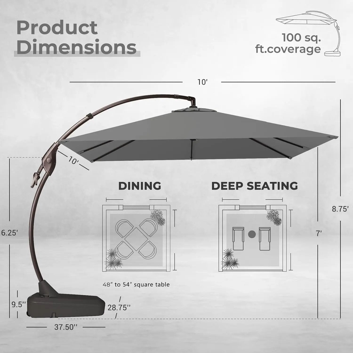 Grand patio 10x10 FT Patio Cantilever Umbrella with Base Outdoor Large Square Tilting Offset Umbrellas for Deck Backyard (Gray, 10x10 FT) by GreenHaven Gardens