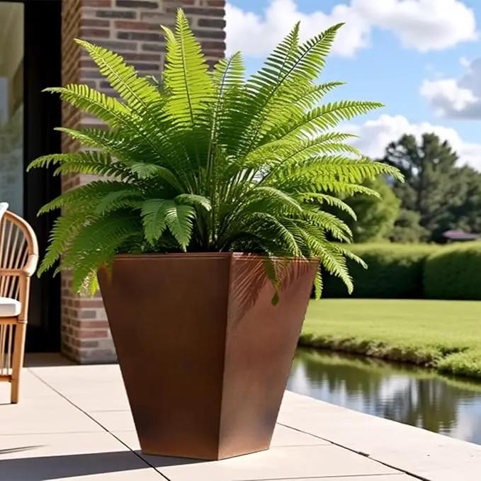 Worth Garden 14" Dia x 18" H Large Metal Floor Planter Set of 2, Matte Bronze Retro Finish Tall Square Tapered Steel Plant Pots, Decor Flower Pot Indoor & Outdoor, Drainage Hole by GreenHaven Gardens