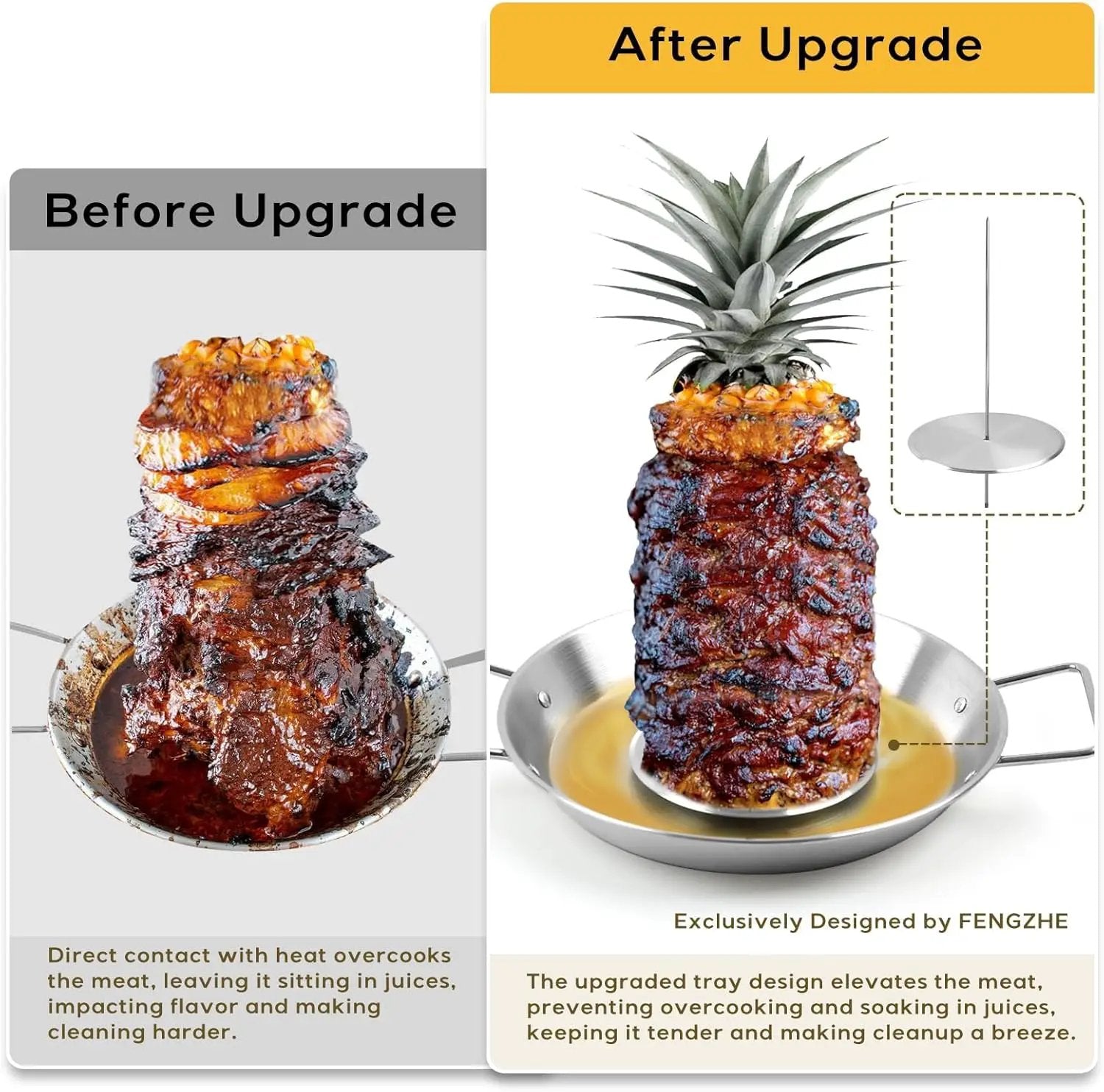 Fengzhe Al Pastor Skewer for Grill：Stainless Steel Vertical Skewer, Brazilian Spit Stand with 3 Spikes,2 Brushes,Ideal for Tacos Al Pastor,Shawarma, Kebabs on Smoker, Oven,with Fat Separator Tray by GreenHaven Gardens