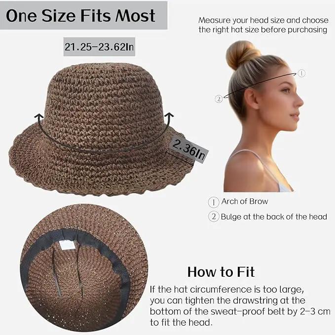 Womens Straw Beach Sun Hats, Foldable Packable Floppy Handmade Crochet Hats for Women,Large Summer Vacation Wide Brim Hat by GreenHaven Gardens
