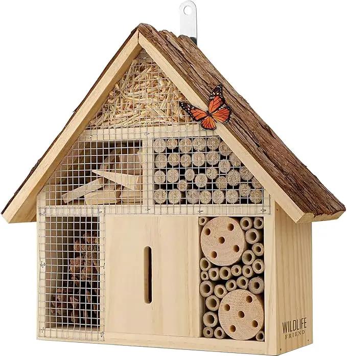 Small Insect Hotel with Bark Roof - Untreated Natural Wood Insect House for Bees, Ladybugs, Lacewings & Butterflies - Nesting Aid for Hanging, Bee Hotel by GreenHaven Gardens