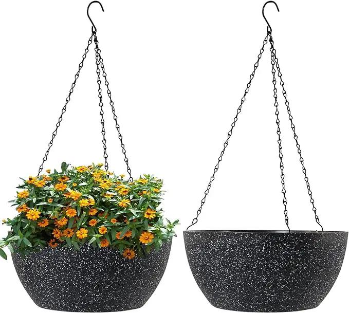 10 inch Hanging Planters for Outdoor Indoor Plants with Drainage Holes and Chain, 2 Pack Round Hanging Flower Pots for Garden Home Porch Decor, Speckled Black by GreenHaven Gardens