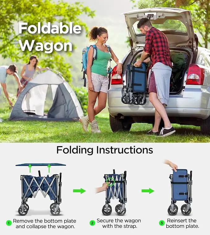 Beach Wagon,Collapsible-Wagon 220lbs with Big Wheels FoldableWagon Carts,Portable Utility for Garden Grocery Sports Camping All Terrain-Blue by GreenHaven Gardens