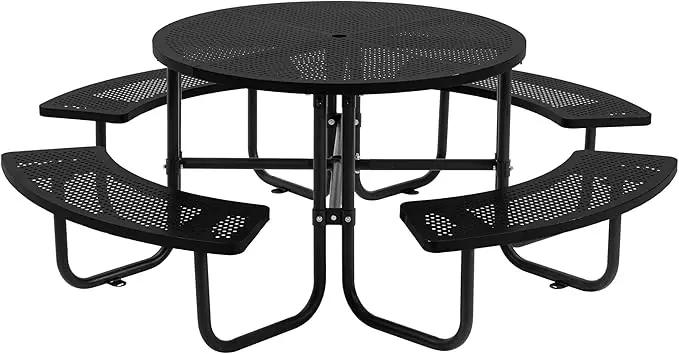 46'' Steel Round Picnic Table for Outdoors, Expanded, Lifetime Picnic Table with Umbrella Hole, Heavy Duty Sturdy Commercial Picnic Tables for Garden Courtyard BBQ, Black by GreenHaven Gardens