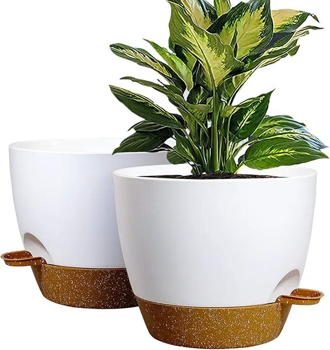 WOUSIWER 10 inch Self Watering Planters, 2 Pack Large Plastic Plant Pots with Deep Reservior and High Drainage Holes for Indoor Outdoor Plants and Flowers, White with Terracotta by GreenHaven Gardens