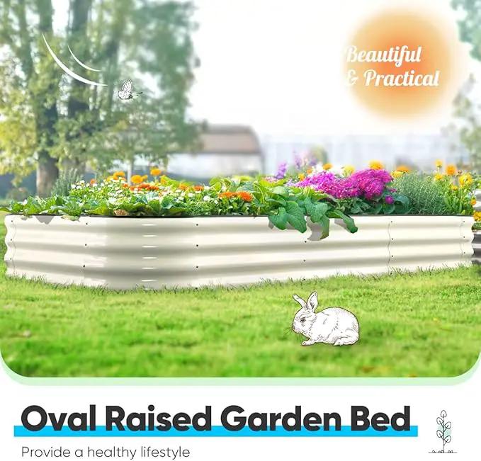 Quictent Galvanized Raised Garden Bed Kit, 8x4x1 ft Oval Metal Planter Box for Vegetables, Rubber Strip Edging Included (Beige) by GreenHaven Gardens