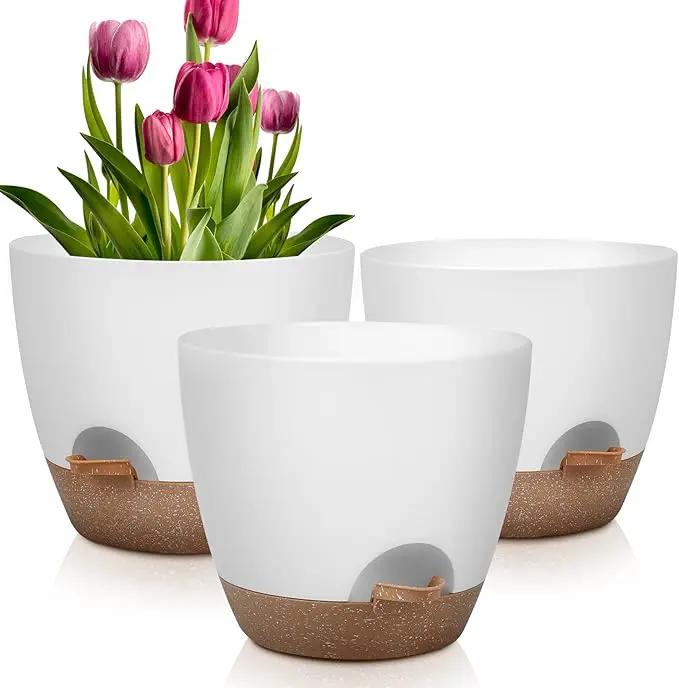 Plant Pots 12/10/9 Inch Self Watering Pots, Set of 3 Plastic Planters with Drainage Holes and Saucers,Plastic Flower Pots,Nursery Planting Pot for Indoor Out Door Plants(White) by GreenHaven Gardens