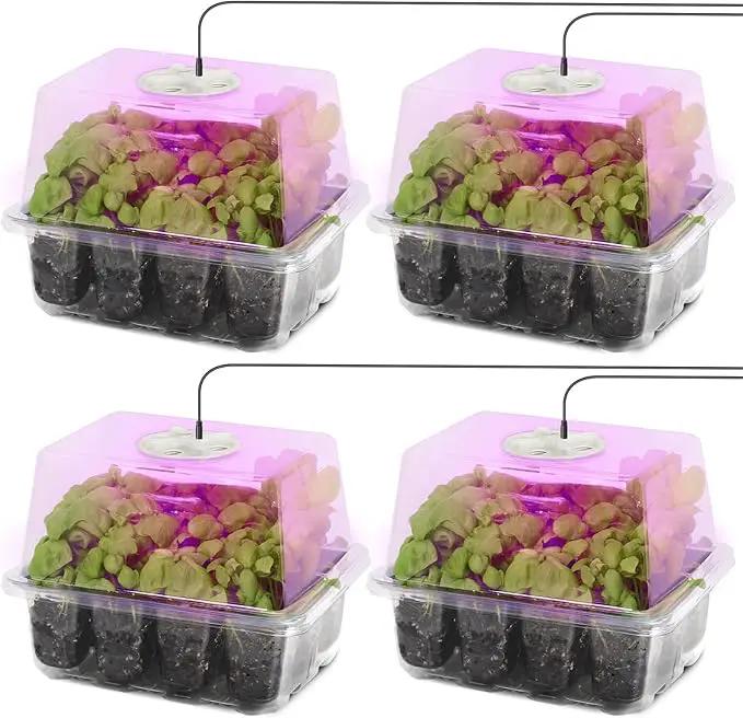 MIXC 4-Pack Seed Starter Tray Kit with Plant Light Seedling Trays with Adjustable Humidity Domes & Clear Cell Trays 12 Full Spectrum LED Beads for Indoor Plant Growth(Transparent) by GreenHaven Gardens
