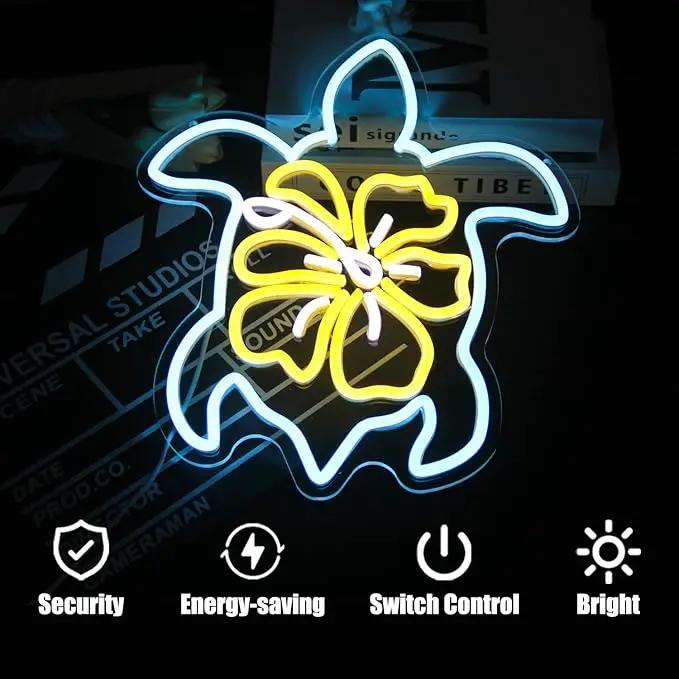 Sea Turtle Hibiscus Neon Signs for Wall Decor Blue Turtle Neon Light Yellow Flower LED Neon Wall Sign Ocean Neon Light Up Sign for Bedroom Living Room Office Decor Sea Turtle Gifts by GreenHaven Gardens
