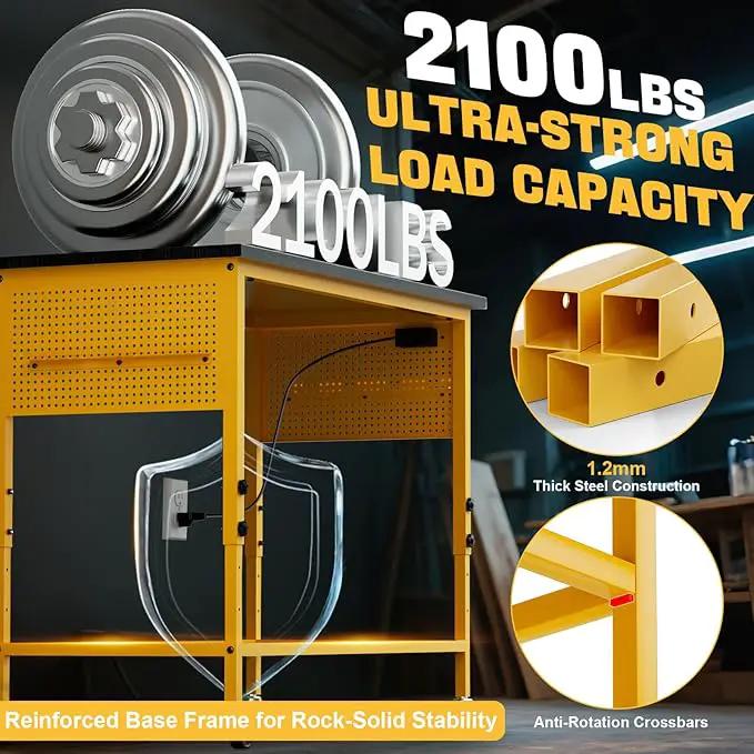 47" Heavy Duty Adjustable Workbench with Power Outlets, Pegboard & Locking Wheels - 2100LB Capacity Garage Work Table, Compatible with DeWalt Battery, Reinforced Steel Frame for Workshop & Home Use by GreenHaven Gardens