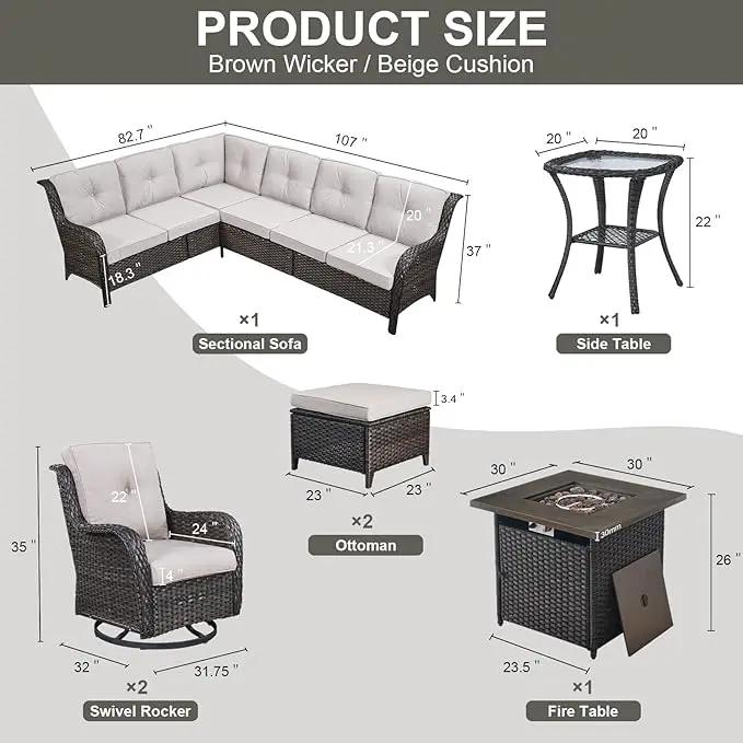 Outdoor Sectional Furniture Sofa Set with Propane Fire Pit Table, Wicker Patio Conversation Set with 2 Swivel Rocker Glider Chairs Beige Cushion Perfect for Backyard Casual Gathering by GreenHaven Gardens