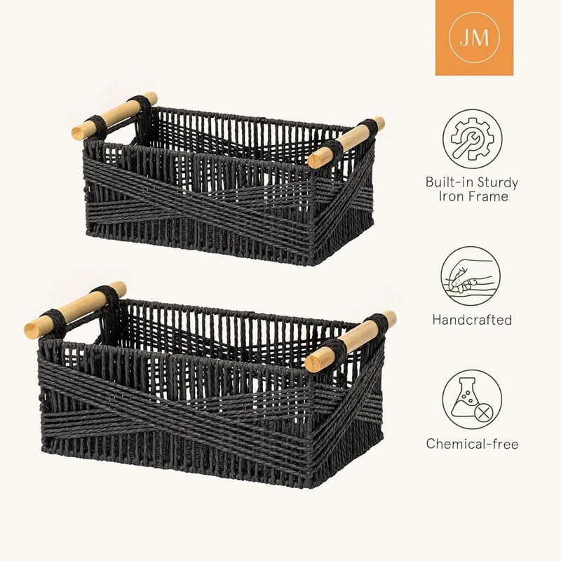 LA JOLIE MUSE Wicker Storage Baskets for Organizing, Recyclable Paper Rope Basket with Wood Handles, Decorative Hand Woven Basket Organizers for Makeup Books Shelves Living Room, Black, Set of 2 by GreenHaven Gardens