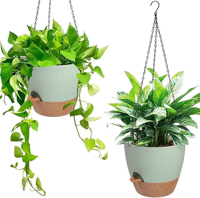 Hanging Planters for Indoor Outdoor Plants, 2 Pack Self Watering Hanging Pot with Drainage Holes & Removable Tray (Green, 6'') by GreenHaven Gardens