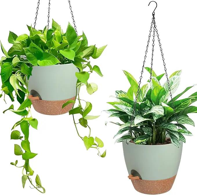 Hanging Planters for Indoor Outdoor Plants, 2 Pack Self Watering Hanging Pot with Drainage Holes & Removable Tray (Green, 6'') by GreenHaven Gardens