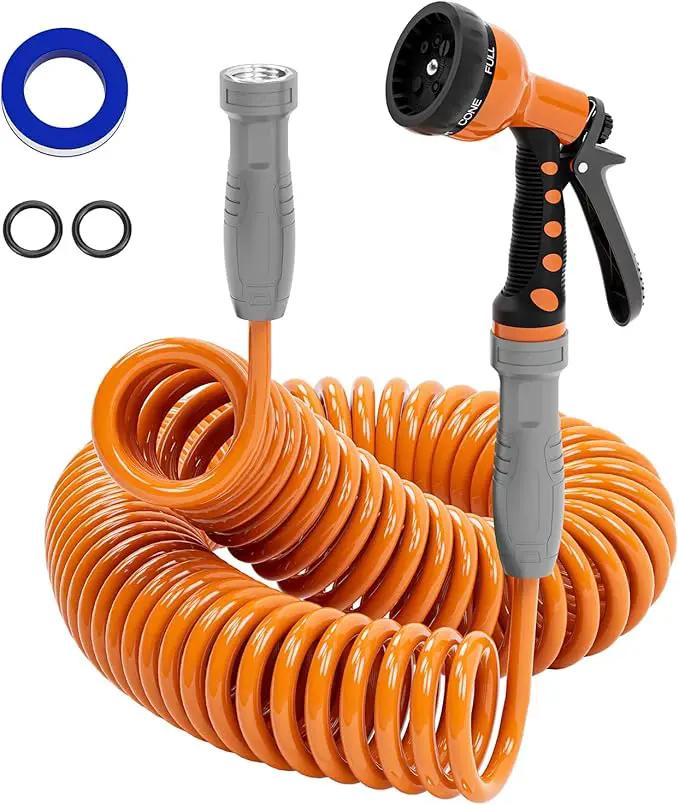 3/8” Lightweight Coil Garden Hose 75 FT, EVA Retractable Curly Water Pipe with 6-Pattern Spray Nozzle for Boat, Greenhouse, Yard, Patio (Orange) by GreenHaven Gardens