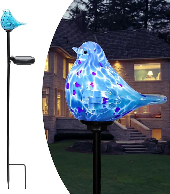 Afirst Decorative Solar Lights Outdoor Solar Bluebird Stake Lights Hand Blown Glass Decorative Garden Pathway Lights Outdoor Waterproof Glass Stakes by GreenHaven Gardens