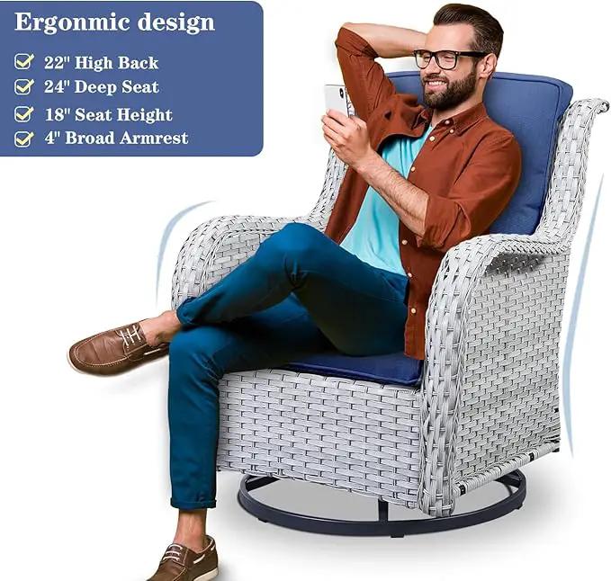 Wicker Patio Furniture Sets - 8 Piece Outdoor Rattan Furniture Conversation Sets with 4 Swivel Rocker Chairs, Rattan Sofa, Wicker Ottomans and Coffee Table, Light Grey/Blue by GreenHaven Gardens