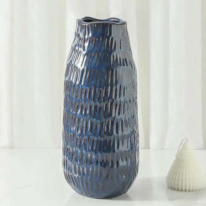 Blue Ceramic Vase for Home Decor, 12.6 Inch Tall Flower Vase with Modern Textured Finish,Decorative Floor Vase for Pampas Grass, Entryway, Living Room, Dining Table, Farmhouse or Office by GreenHaven Gardens