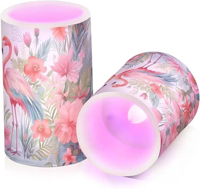 Flickering Flameless Candles, Pink Flamingo Print LED Candles with Remote Timer, Set of 2 Battery Operated Candle for Valentine Wedding Birthday by GreenHaven Gardens