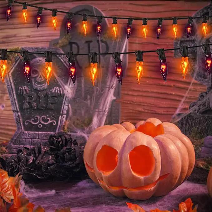 27.78 FT Halloween Ligths, C7 Clear Orange and Purple Flickering Flame String Lights Outdoor, E12 Screw Base, Flame String Lights for Halloween Indoor Outdoor Roofline Garden Patio Party Decorations by GreenHaven Gardens
