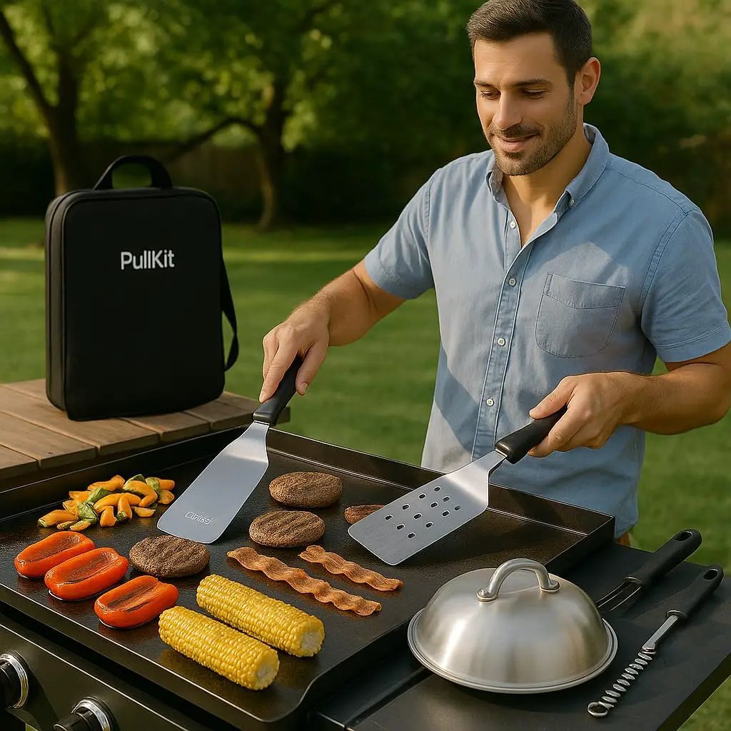 Griddle Accessories Kit for Blackstone Griddle- Stainless Steel Flat Top Grill Tools Set with Spatulas, Basting Cover & Carry Bag - Complete BBQ Cooking Kit for Outdoor, Backyard (Ideal Gift for Men) by GreenHaven Gardens