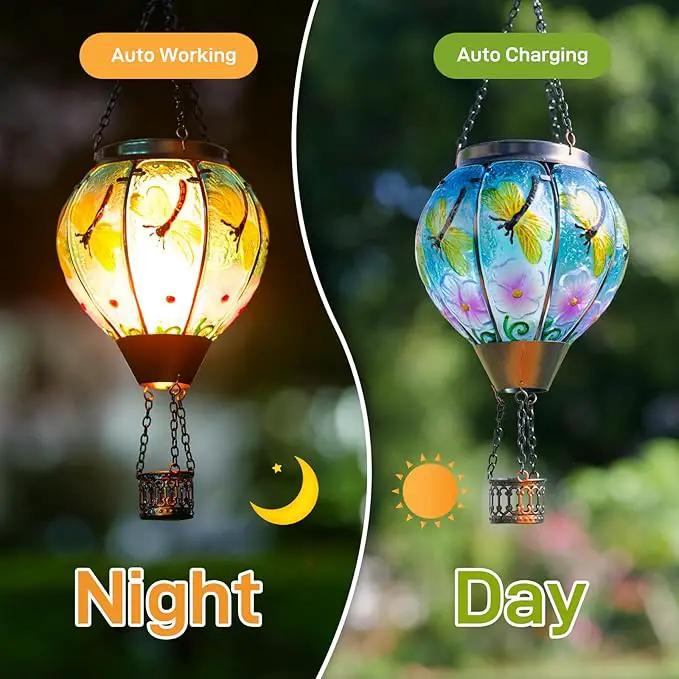 2 Pack Dragonfly Hot Air Balloon Solar Lantern Outdoor Waterproof, Glass Balloon Lanterns for Outside, Decorative Hanging Solar Lights Patio Garden Yard Gift for Women Moms by GreenHaven Gardens