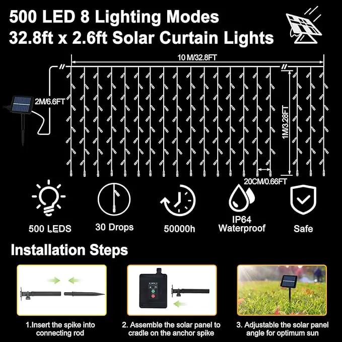 Solar Powered Curtain Lights 33ftx 3ft 500 LED Outdoor Curtain Lights Waterproof with Remote Timer for Garden Patio Fence Wedding Wall Gazebo Decor - Warm White by GreenHaven Gardens