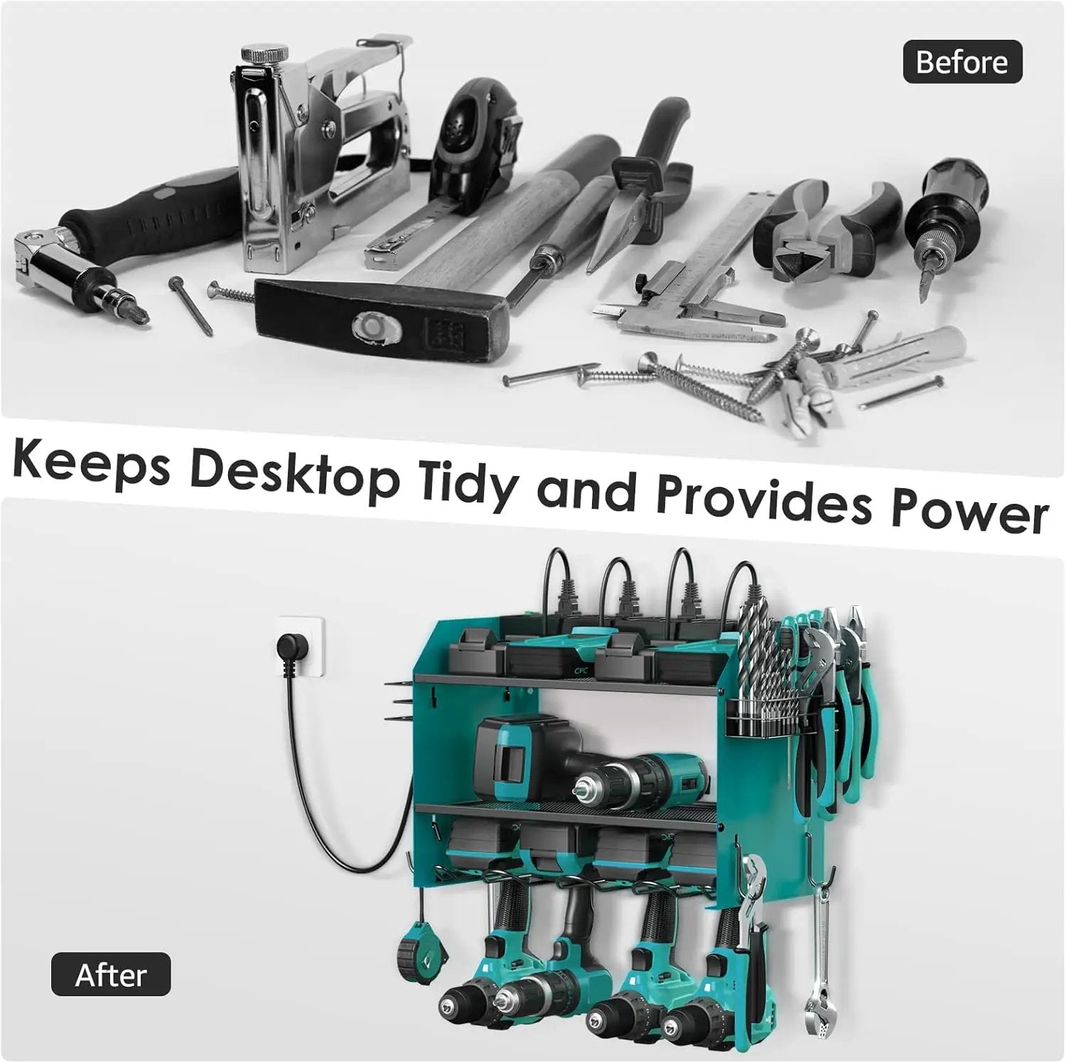 CCCEI Modular Power Tool Organizer Wall Mount with Charging Station. Garage 4 Drill Storage Shelf with Hooks, Drill Bit Heavy Duty Rack, Navy Blue Tool Battery Holder Built in 8 Outlet Power Strip. by GreenHaven Gardens