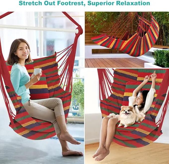 Outerman Hammock Chair, Hanging Chair with 3 Cushions and Foot Rest Support, Sturdy Metal Spreader Bar Max 440 Lbs, Swing Chair for Bedroom, Indoor & Outdoor, Patio, Porch or Tree（Red） by GreenHaven Gardens