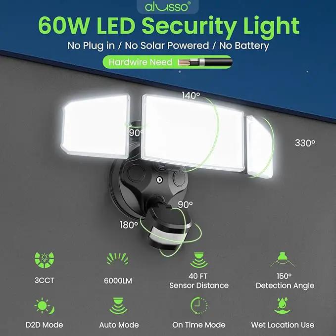 ALUSSO® LED Security Lights Motion Sensor, 60W 6000LM 3 Modes Flood Lights Outdoor Motion Sensor, 3CCT 3 Heads Outdoor Security Light Wet Location Use for House Garage Yard Walkway Black by GreenHaven Gardens