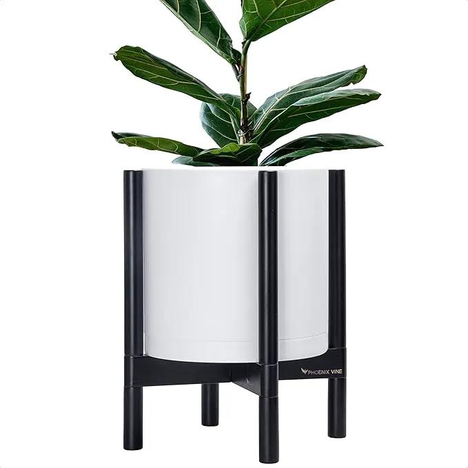 D'vine Dev Planter Pot with Stand - 12 Inch Plastic Cylinder Flower Pot with Wood Planter Holder for Indoor, Matte White Pot + Ebony Stand, 55-C-Q-1 by GreenHaven Gardens