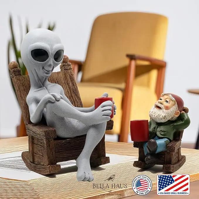 Andre' & Fritz | Celebrating Friendship with a Morning Cup of Coffee | Whimsical Extraterrestrial Outdoor Decor | Garden Statue 2pc Resin Set 6.25”/ 3.50” Tall (Coffee with Friends) by GreenHaven Gardens