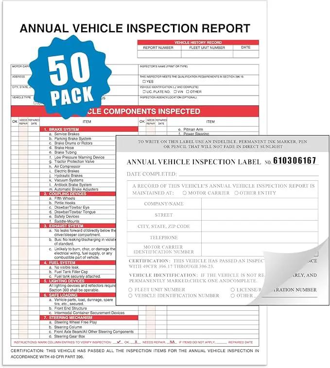 Goldenfox DOT Inspection Forms and Stickers. 50-Pack,3-Ply Carbonless Annual Vehicle Inspection Report (8.5" x 11.75") with 2-Ply Vinyl White Interior fmcsa Annual Inspection Sticker(5"x4") by GreenHaven Gardens