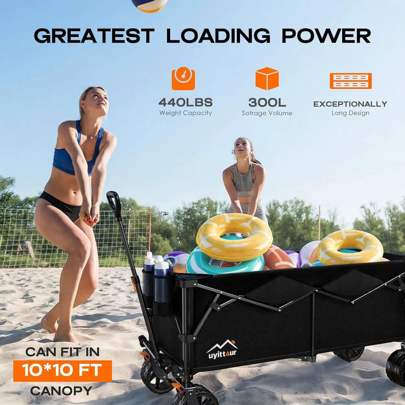 300L Extra Large Collapsible Foldable Wagon, 440lbs Load Capacity 48''L Extended Heavy Duty Folding Beach Wagon with Big All-Terrain Wheels, Utility Garden Cart for Outdoor Activities, Black by GreenHaven Gardens
