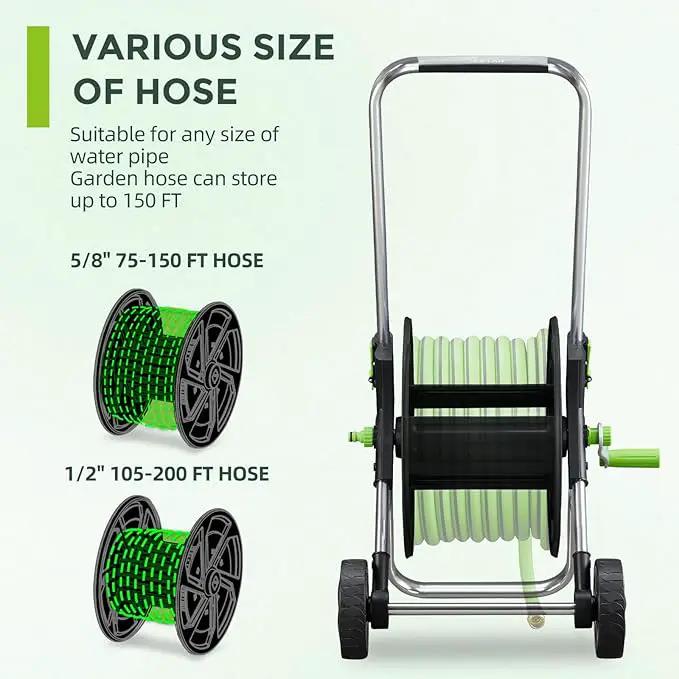 Garden Hose Reel Cart, Holds 75-150 Feet of 5/8-Inch Hose, Portable Hose Reel Cart With Wheels,Adjustable Handrail, Quick Hose Connector by GreenHaven Gardens
