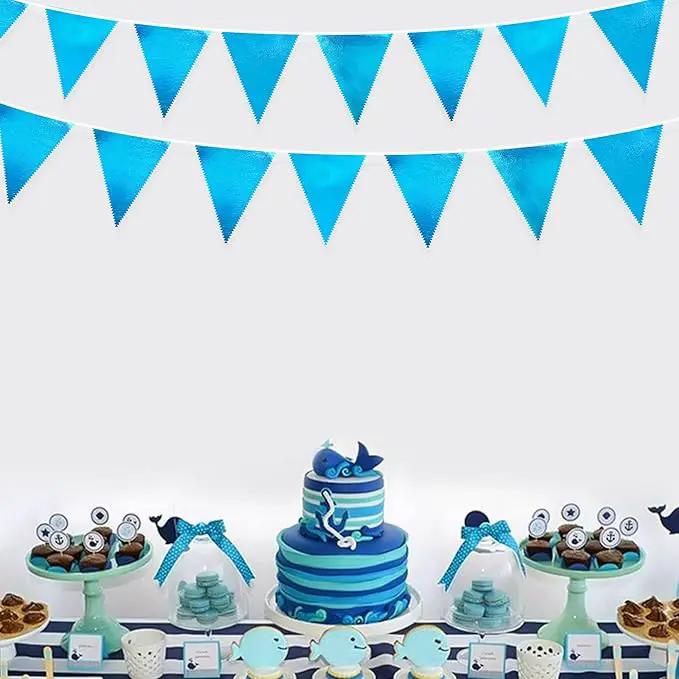 Sky Blue Party Decorations - Light Blue Triangle Pennant Banner Flag - Metallic Fabric Bunting for Graduation, Wedding, Retirement, Birthday, Under The Sea, Nautical, Ahoy, Party Decor Supplies by GreenHaven Gardens