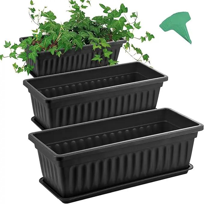 GROWNEER 3 Packs 17 Inches Black Flower Window Box Plastic Vegetable Planters Long Pots with 15 Pcs Plant Labels for Outdoor Indoor Windowsill Patio Garden Home Decor Porch by GreenHaven Gardens