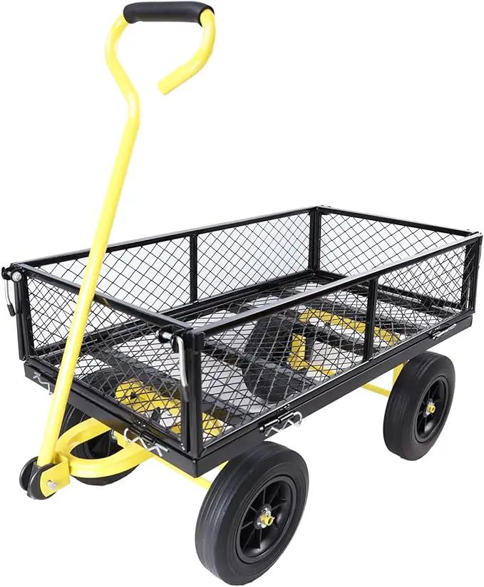 Heavy Duty 480 Lbs Capacity Mesh Steel Garden Cart Folding Utility Wagon with Removable Sides (Black+Yellow) by GreenHaven Gardens