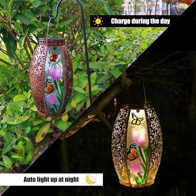 Solar Lanterns Outdoor Hanging Light - Solar Powered LED Butterfly Glass Lights Decorative Waterproof Tabletop Lampwith Hollowed-Out Design for Indoor Yard Table Patio Garden Pathway Holiday by GreenHaven Gardens